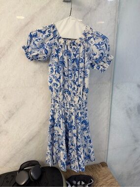 Blue & White Floral Smocked Kids Casual Dress